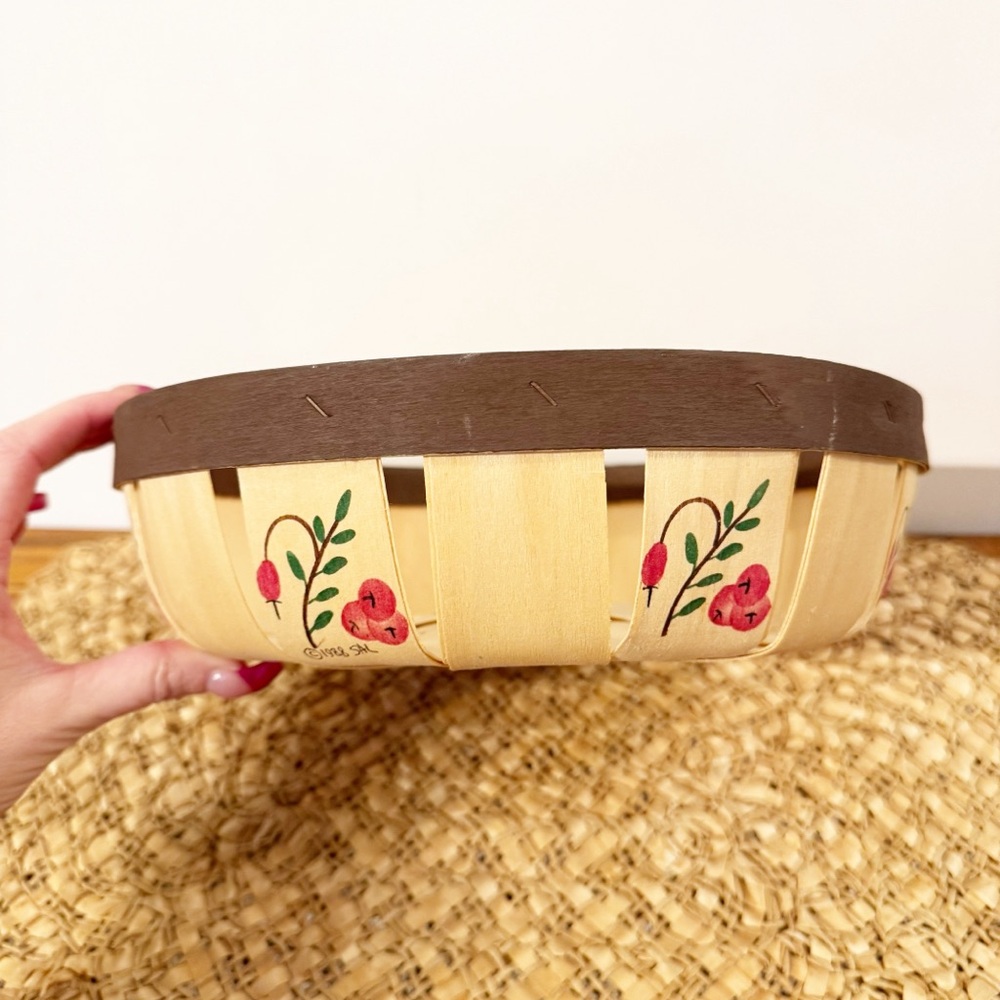 Vintage 80s 1988 Cranberry Stencil Splint Basket 10.5”